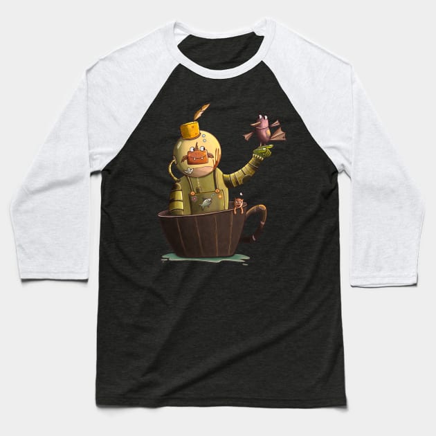 Robot in a Barrel Baseball T-Shirt by freedzart